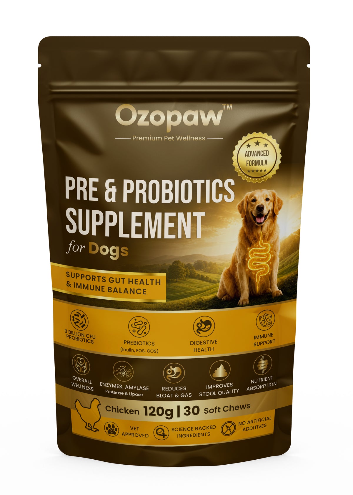 Pre & Probiotics for Dogs | 9 Billion CFU | Chicken Flavour | 120g, 30 Soft Chews