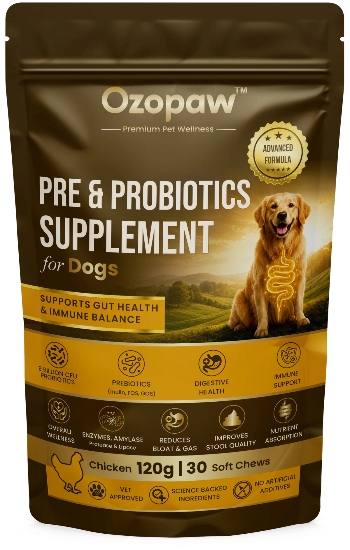 Pre & Probiotics for Dogs | 9 Billion CFU | Chicken Flavour | 120g, 30 Soft Chews