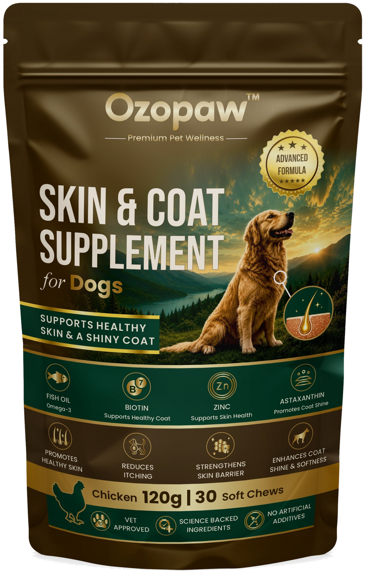 Skin & Coat for Dogs | Chicken Flavour | 120g, 30 Soft Chews