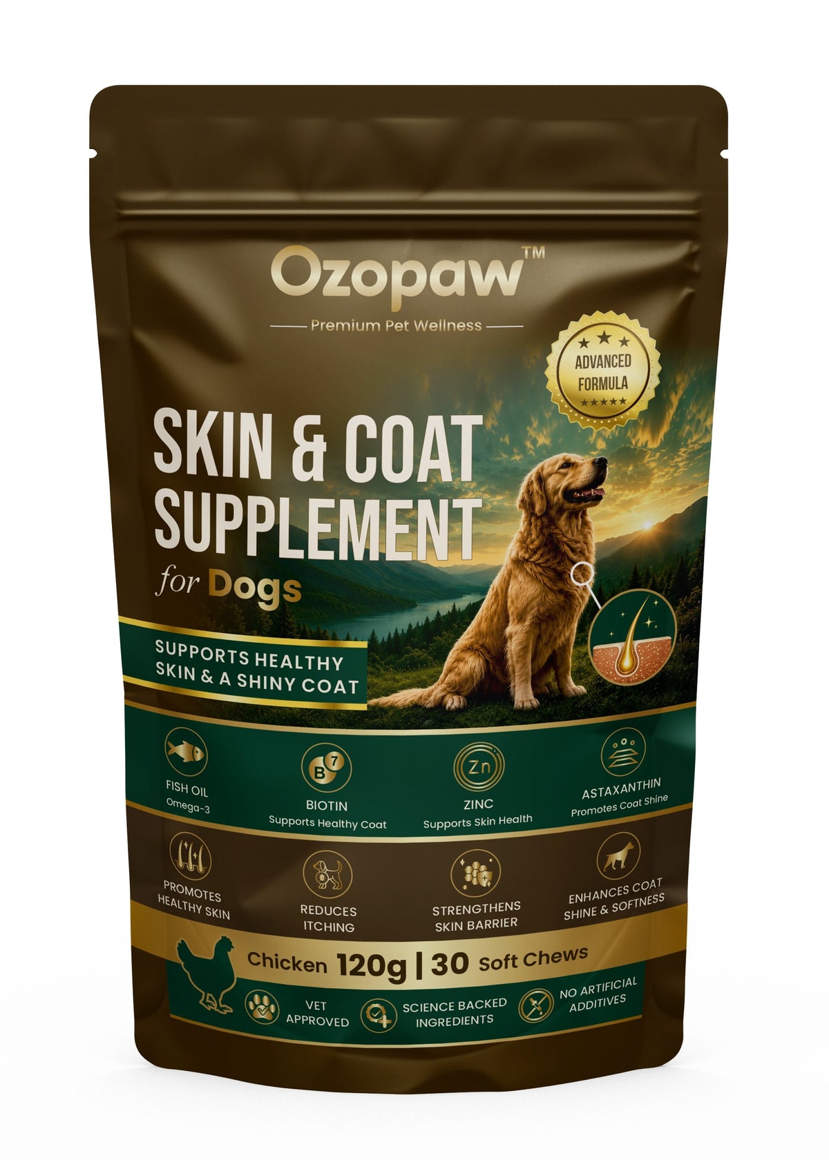 Ozopaw Skin & Coat supplement pouch for dogs